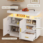IRONCK Buffet Cabinet, Coffee Bar Cabinet with Power Outlet and LED Light, Sideboard with Drawer, Storage Cabinet with Doors and Shelves for Kitchen, White