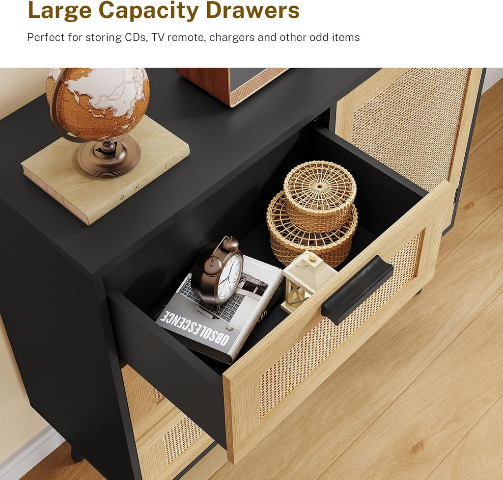 Iwell Storage Cabinet with Rattan Door & 3 Drawers, Rattan Cabinet with Adjustable Shelf, Sideboard Buffet Cabinets with Storage, Entryway Cabinets, for Living Room, Dining Room, Entryway, Black
