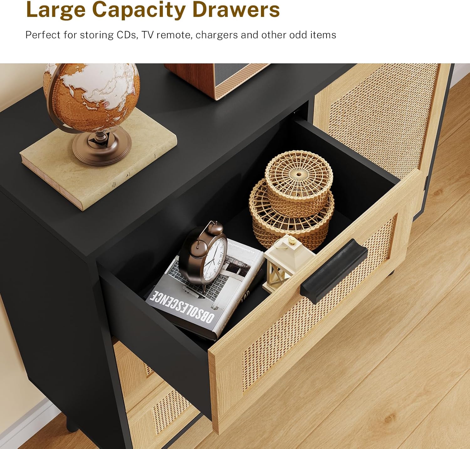 Iwell Storage Cabinet with Rattan Door & 3 Drawers, Rattan Cabinet with Adjustable Shelf, Sideboard Buffet Cabinets with Storage, Entryway Cabinets, for Living Room, Dining Room, Entryway, Black