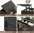 Jocoevol Farmhouse Lift Top Coffee Table, Square Wood Center Table with LED Lighting, USB-C Charging Station, and Hidden Storage Compartment - Rustic Black Living Room Furniture