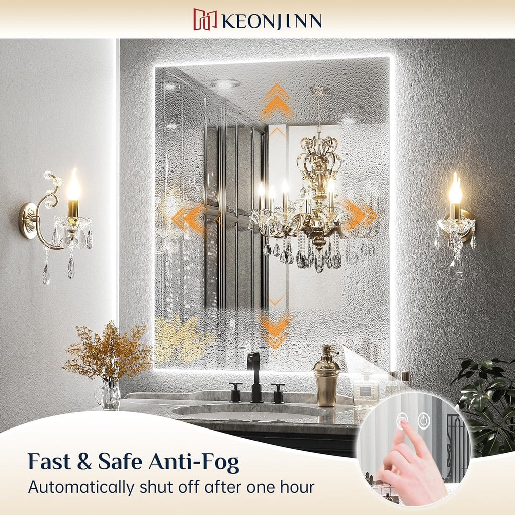 Keonjinn 60" x 36: Lighted Bathroom Mirror, Large LED Backlit Miroor, 3 Colors Lights Warm/Natural/White, HD Tempered Glass, Safe Anti-Fog, Dimmable, Oversinzed LED Bathroom Mirrors
