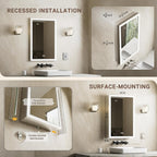 LED Medicine Cabinet with Mirror, 24x32 Surface or Recessed Lighted Medicine Cabinet with Mirror, Dimmable Fogless Aluminum Medicine Cabinet with Outlet, Time Display& Built-in Sensing Light