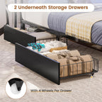 Hasuit Corner Bed Frame Full with 2 Drawers and Storage Bookcase, Daybed with Charging Station and LED Lights, Metal Platform Bed with Bookshleves, Full Size Bed Frame for Kids Teens Guests, Black