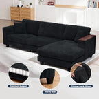 114.5" Corduroy Sectional Sofa with Armrest Storage & Reversible Chaise, Comfy L Shaped Sofa 4 Seat Sectional Couch, Modern Upholstery Couch with Removable Covers, for Living Room, Apartment, Black