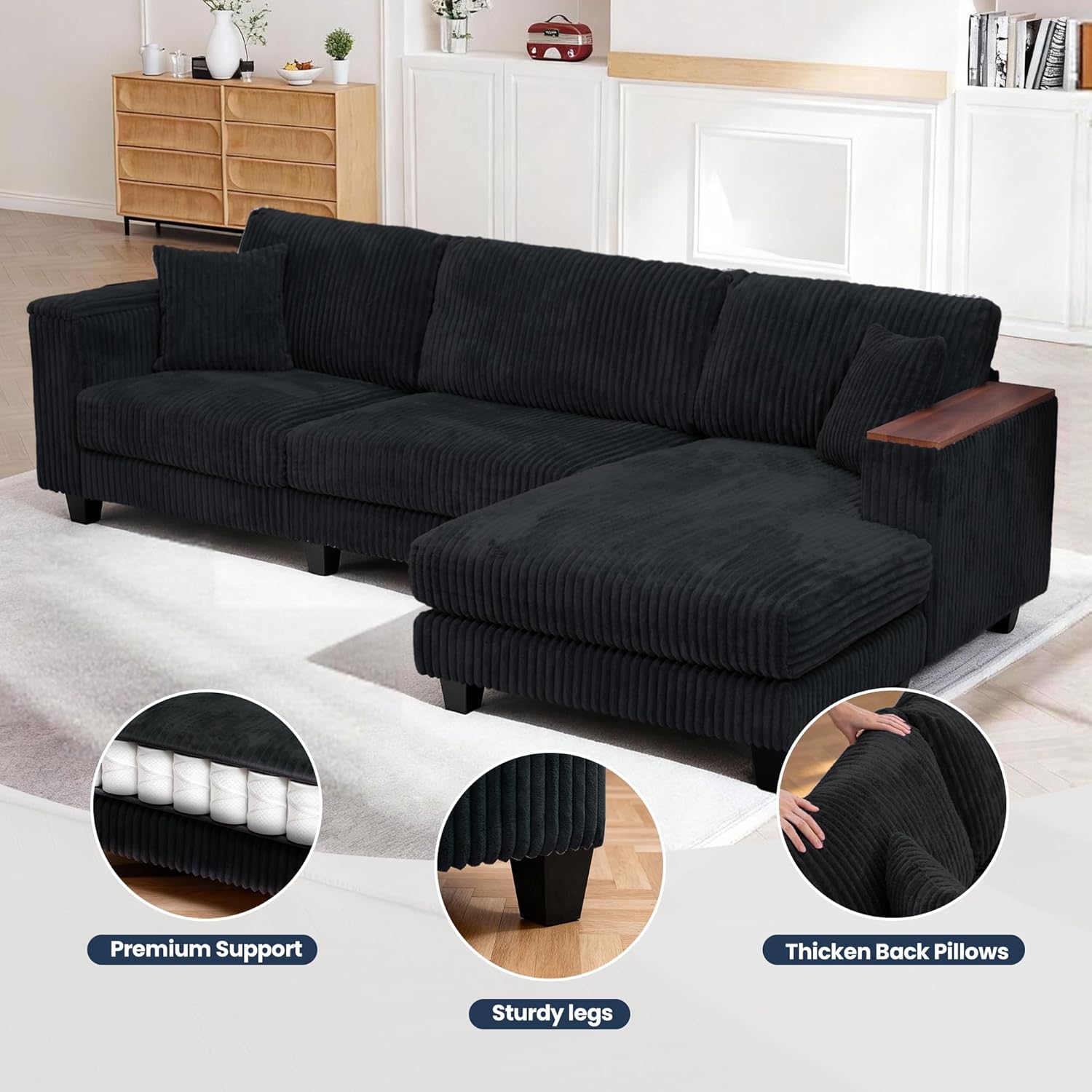 114.5" Corduroy Sectional Sofa with Armrest Storage & Reversible Chaise, Comfy L Shaped Sofa 4 Seat Sectional Couch, Modern Upholstery Couch with Removable Covers, for Living Room, Apartment, Black