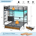 Twin Over Full Size Bunk Bed with 4 Storage Drawers and Bookshelf, Metal Bunk Beds with LED Lights, Charging Station, Loft Bunk Bed with Pegboard, Safety Guardrail and Ladders, for Kids, Teens, Adults