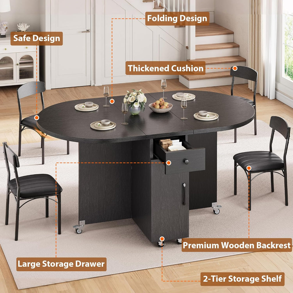 Jocoevol Round Folding Dining Table for 6, Space Saving Drop Leaf Kitchen Table with Storage Drawer, 6 Wheels Oval Gateleg Foldable Dining Table for Small Spaces (Black, 51" x 31.5" x 30")