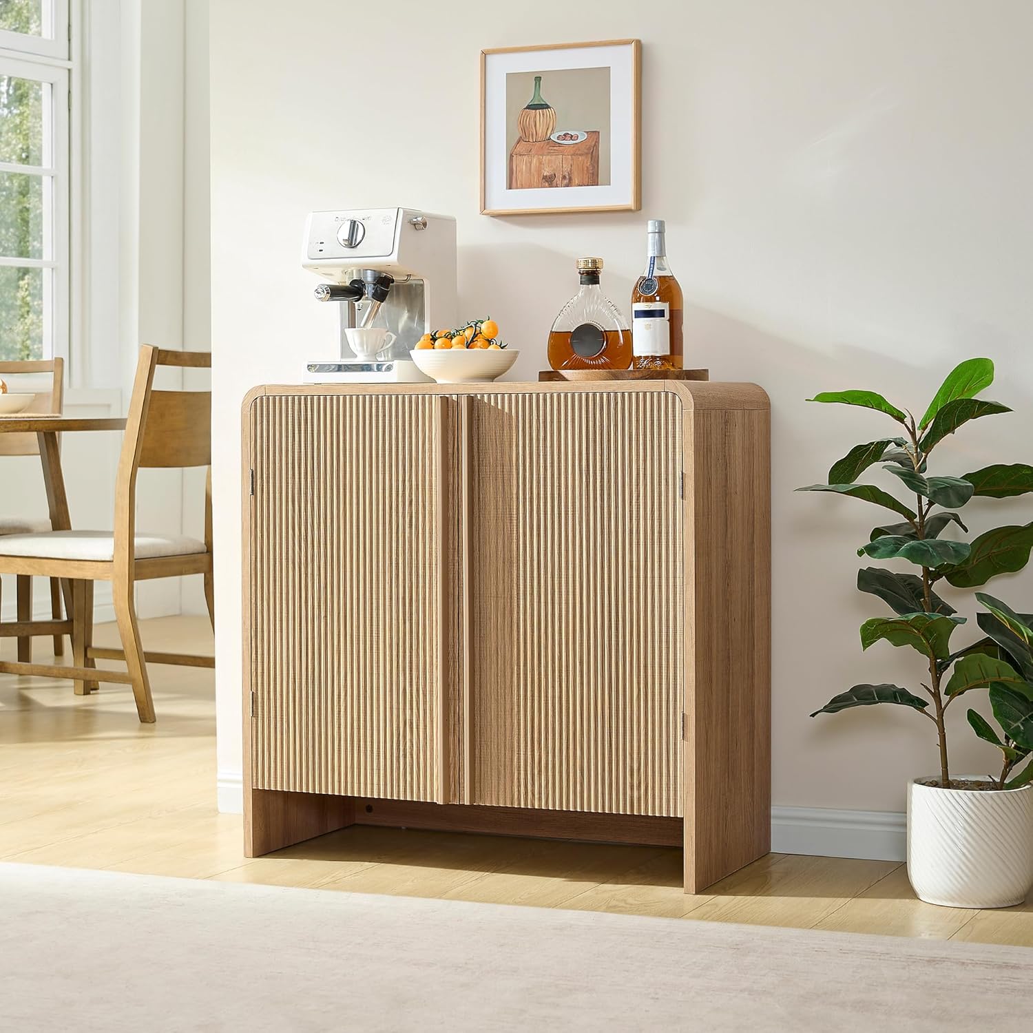 AMERLIFE Fluted Buffet Cabinet with Storage, Modern Sideboard Cabinet with 2 Doors & Adjustable Shelf, Console Table & Credenza for Living Room, Dining Room & Entryway, Natural Oak