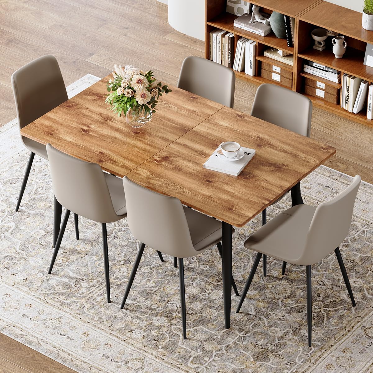 59"-75" Extendable Dining Table Set for 6, Mid Century Dining Room Table Set for 6, Modern Wood Kitchen Table Upholstered Chairs Set of 6, Ideal for Dining Room,Office, Space-Saving, Easy to Assemble