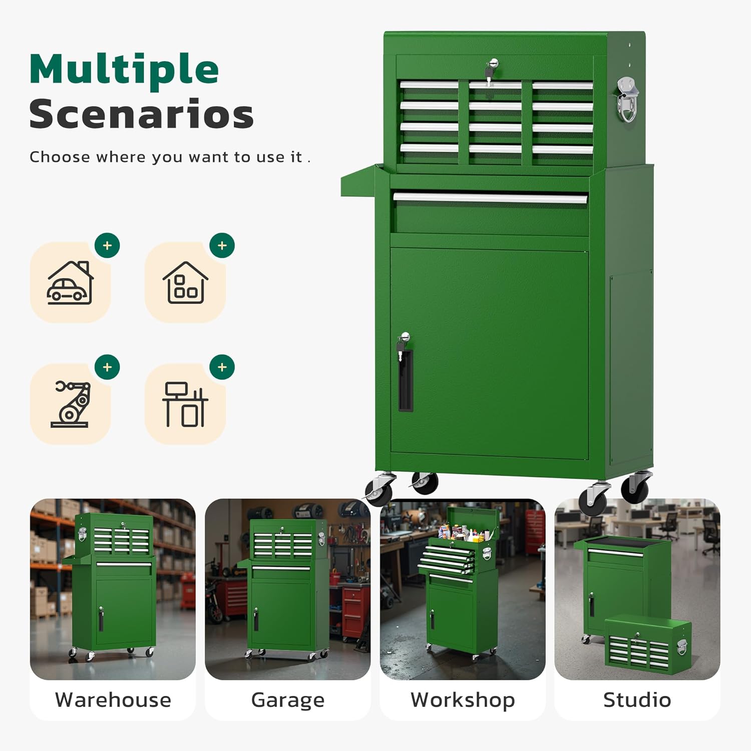 Greenvelly Tool Chest, 5-Drawer Rolling Tool Chest with Hooks and Lockable Wheels, Detachable Top Tool Box, Toolbox with Wheels, Rolling Tool Box for Mechanics Garage Workshop and Tool Room (Green)