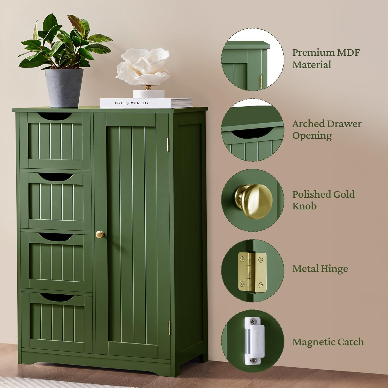 Yaheetech Wooden Bathroom Floor Cabinet, Side Storage Organizer Cabinet with 4 Drawers and 1 Cupboard, Freestanding Entryway Storage Unit Console Table, Bathroom Furniture Home Decor, Green