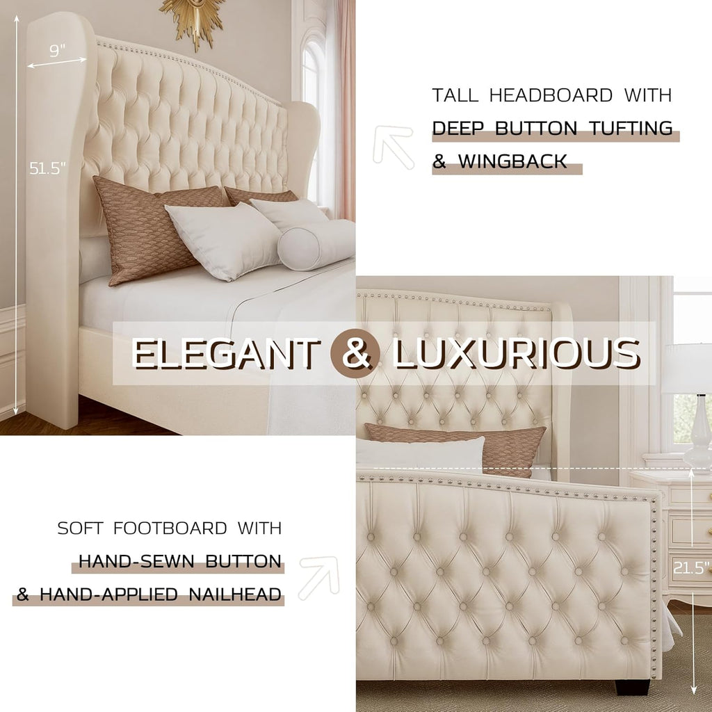 King Platform Bed Frame with Wingback Headboard, Velvet Upholstered Bed Frame with Handmade Button Tufted & Nailhead, Wooden Slats Support, Cream