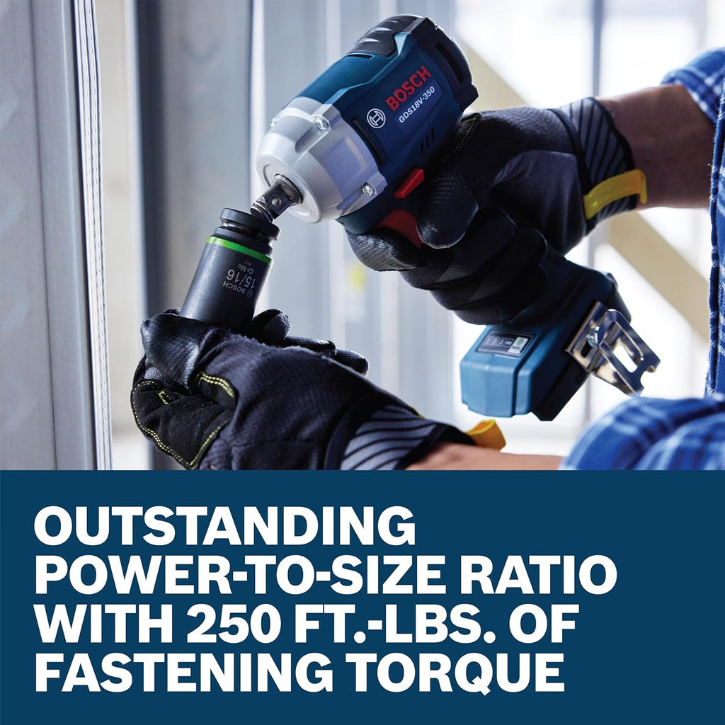 BOSCH GDS18V-350N 18V Brushless ½ In. Mid Torque Impact Wrench - 410 Ft.-Lbs Breakaway Torque, 250 Ft.-Lbs Fastening Torque, Compact Design (Bare Tool)