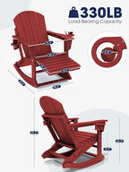 KINGYES Adirondack Rocking Chair with Retractable Ottoman and Cup Holders, HDPE Adirondack Rocker Patio Rocking Chair for Porch, Patio, Balcony, Burgundy Red