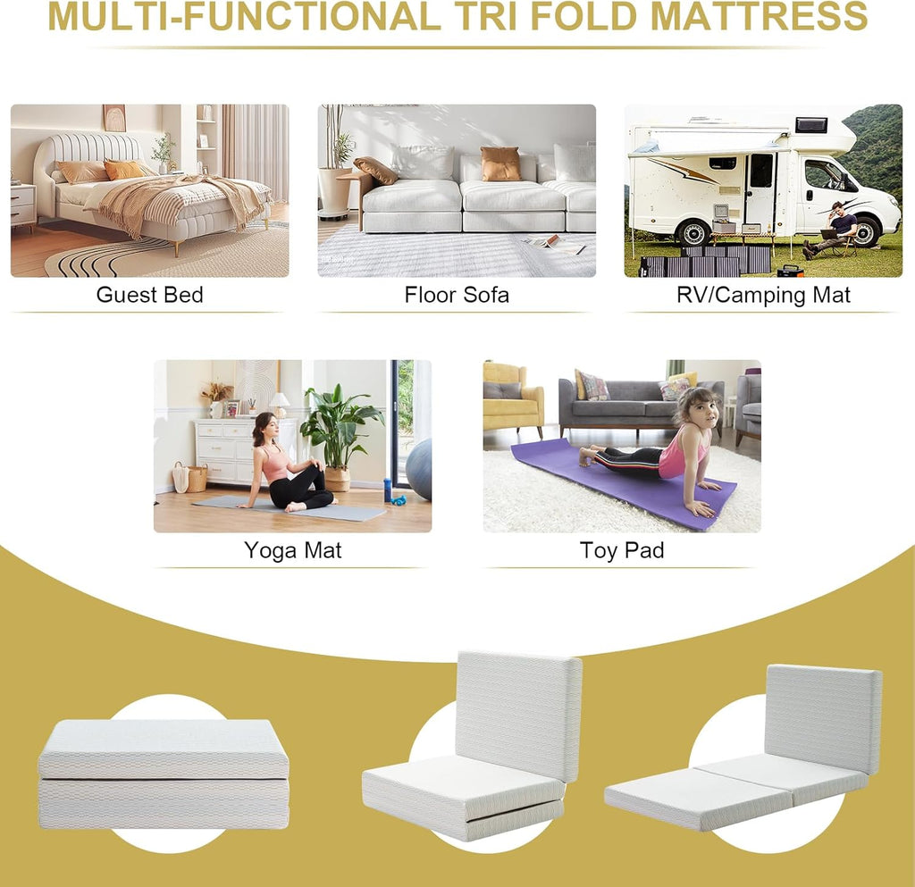 MUUEGM Tri Folding Mattress 6 Inch Queen Tri Fold Memory Foam Mattress Foldable Bed Mattress with Washable Cover Portable Mattress Topper for Yoga/Camping/RV/Guest Beds,CertiPUR-US Certified