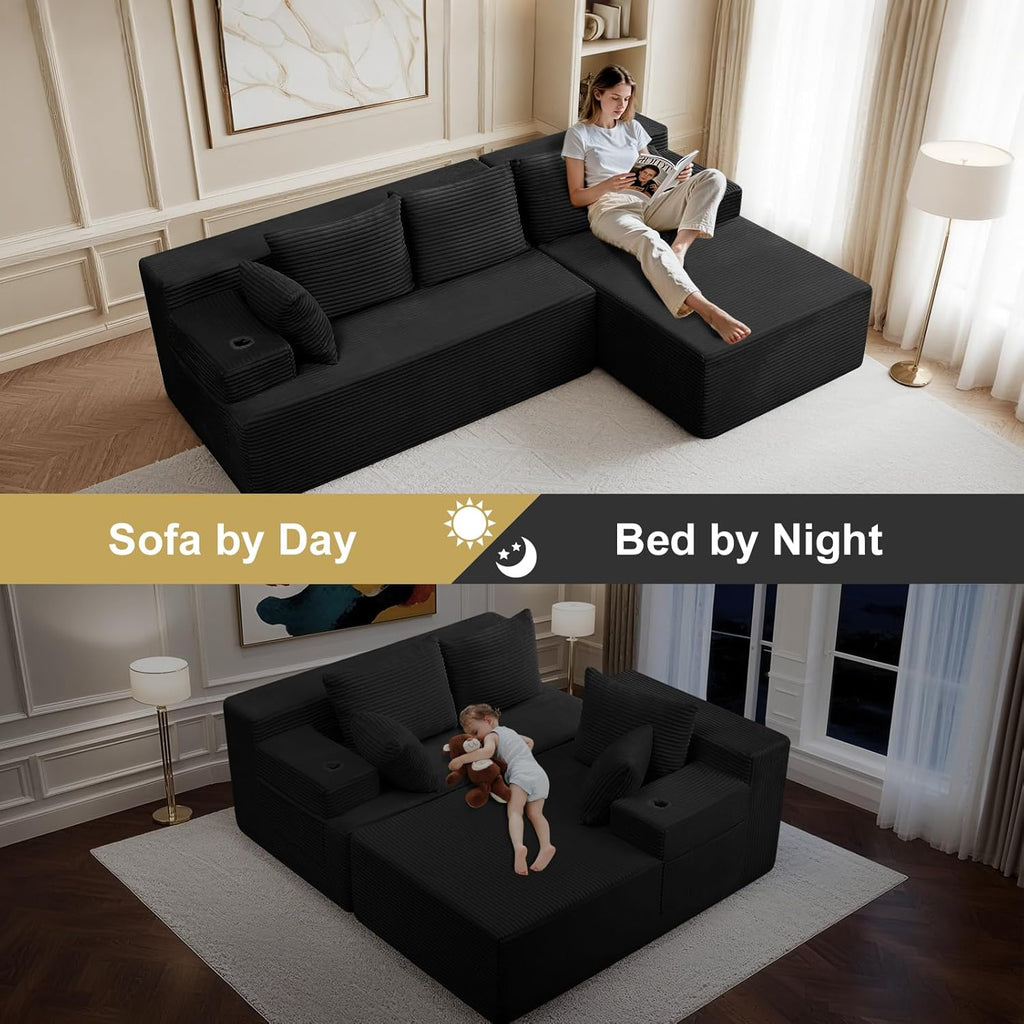 96.8" Boneless Couch Cloud Modular Sectional Sofa with L Shaped Chaise, Modern Corduroy Upholstered Deep Seat Couches Lounge with 5 Pillows for Living Room Bedroom(Black, Stripe, Right Facing Chaise)