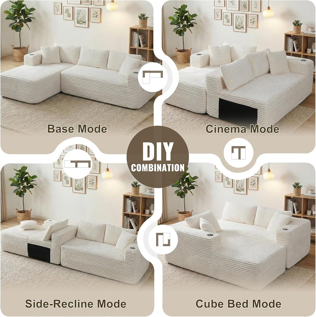 Shintenchi Boneless Couches for Living Room,Modular Sectional Sofa with 2 Cup Holders,Memory Foam Cloud Couch with L Shaped Oversized Chaise,No Assembly Needed Plush Corduroy Sofa