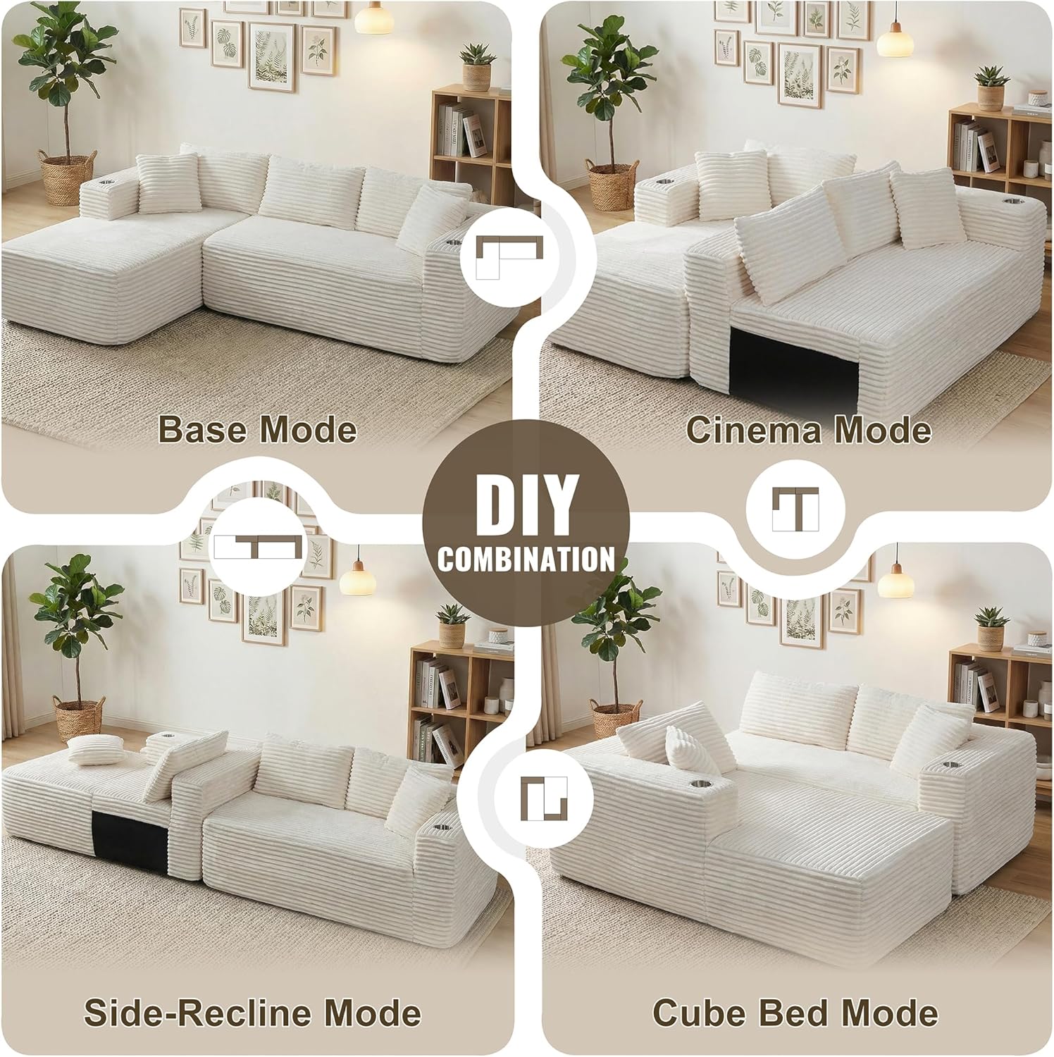 Shintenchi Boneless Couches for Living Room,Modular Sectional Sofa with 2 Cup Holders,Memory Foam Cloud Couch with L Shaped Oversized Chaise,No Assembly Needed Plush Corduroy Sofa