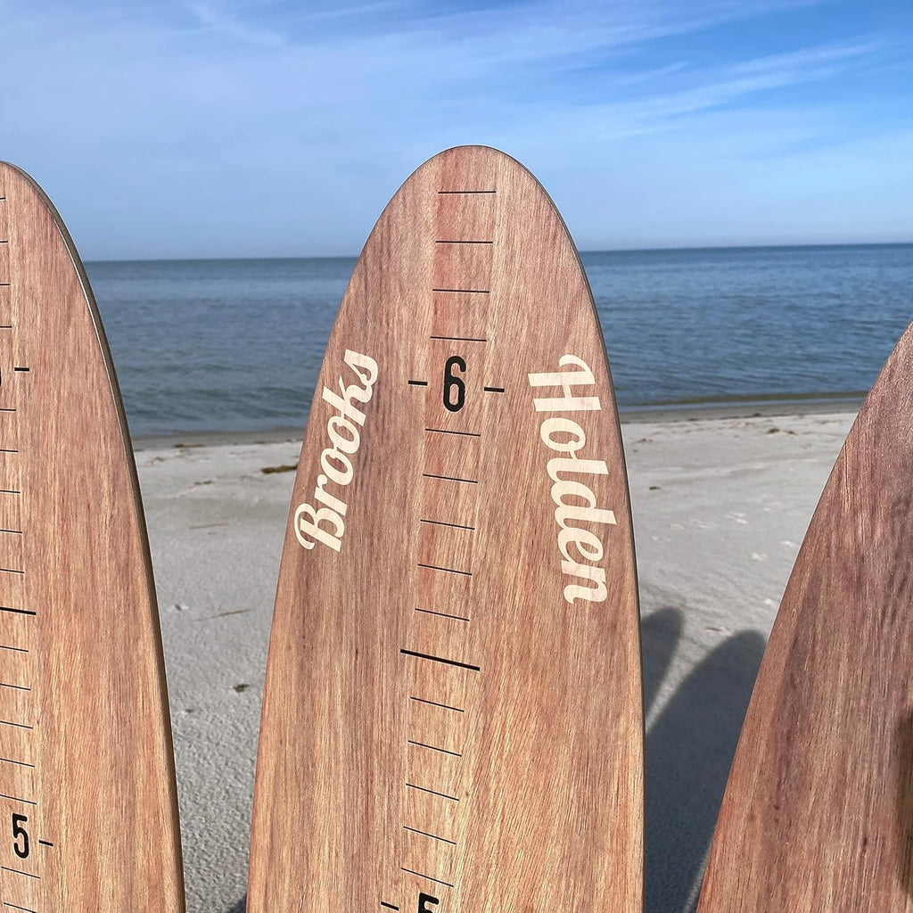 HEADWATERS STUDIO Personalized Wooden Surfboard Growth Chart for Wall, Surfboard Wall Decor, Surfboard Wall Art, Surf Decor, Surfboard Height Chart, Wood Surfboard Decor - Seaside (Shorty & Regular)