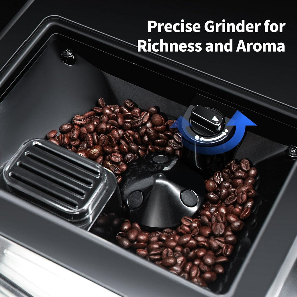 Automatic Espresso Machine with Grinder and Milk Frother - Grinder Coffee Machine Expresso Maker with 7 One-Touch Coffee Recipes for Latte, Cappuccino, Americano, Iced and Hot Coffee (Black)