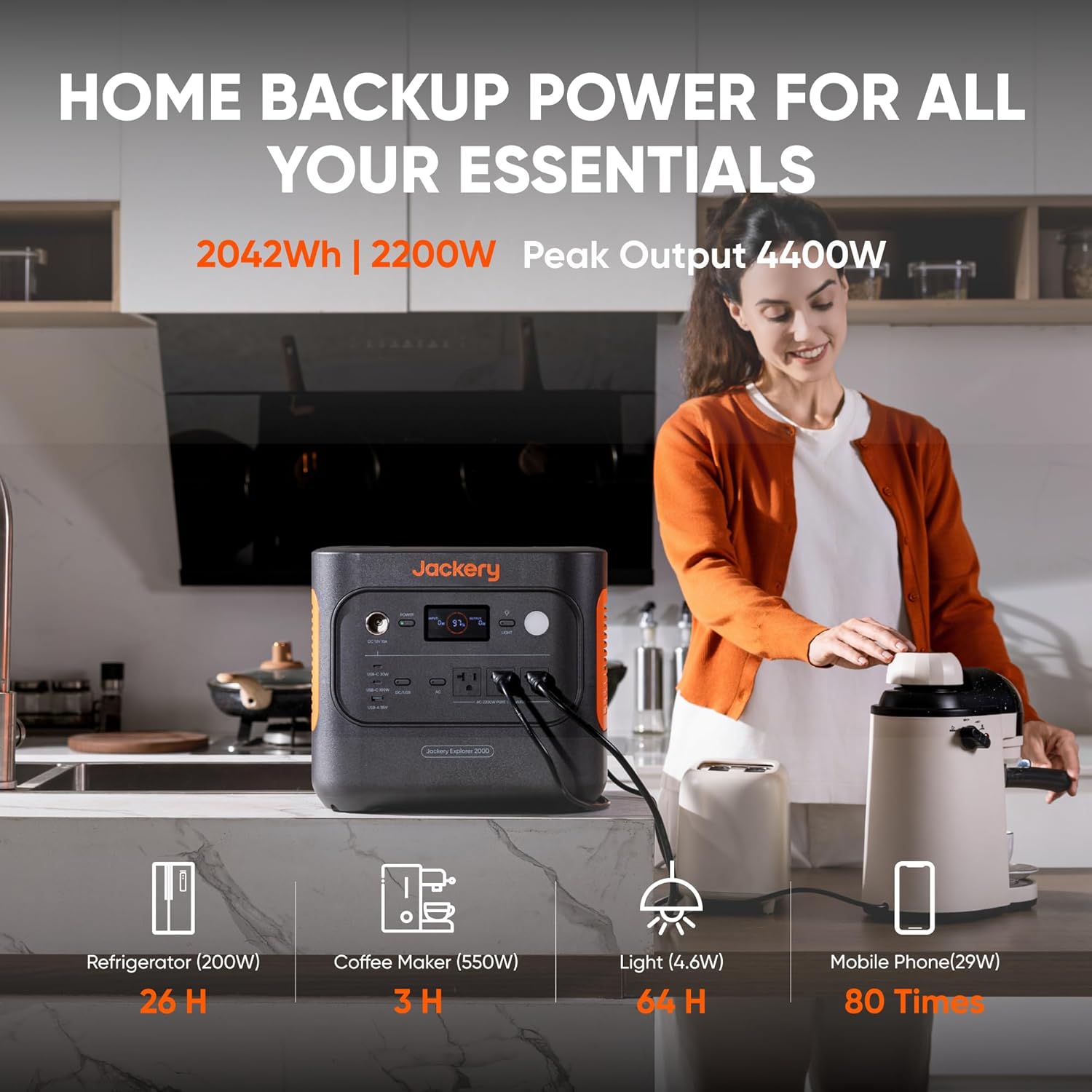 Jackery Explorer 2000 v2 Portable Power Station with AC Charging Cable  2040Wh LFP Home Backup Battery  2200W AC Output  Solar Generator for Emergencies  Power Outages  Camping(Solar Panel Optional)