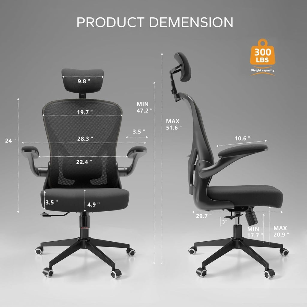 Office Chair with Adjustable Lumbar Support & Flip-Up Armrests -Ergonomic High Back Computer Desk Chair with Thickened Seat Cushion, Rolling Wheels for Home/Office Study Work (02H-Black)
