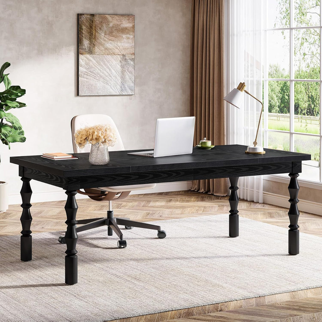 Tribesigns Large Executive Office Desk, 62.2-Inch Farmhouse Modern Computer Desk, Mid Century Study Writing Table Workstations Business Office Furniture with Carved Turned Legs (Black)