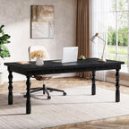 Tribesigns Large Executive Office Desk, 62.2-Inch Farmhouse Modern Computer Desk, Mid Century Study Writing Table Workstations Business Office Furniture with Carved Turned Legs (Black)