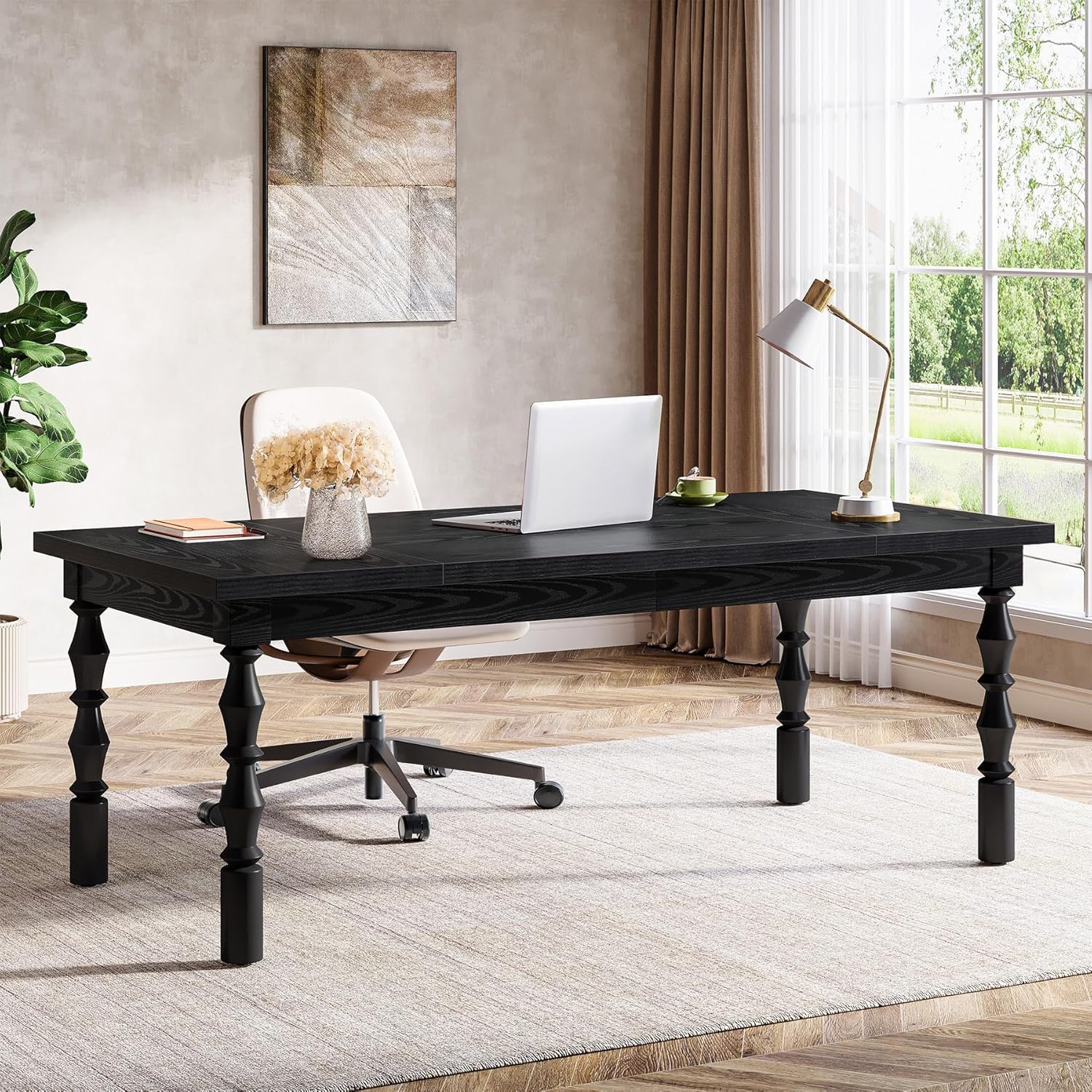 Tribesigns Large Executive Office Desk, 62.2-Inch Farmhouse Modern Computer Desk, Mid Century Study Writing Table Workstations Business Office Furniture with Carved Turned Legs (Black)