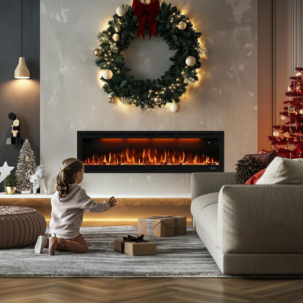 Valuxhome 50 inch Recessed Modern Electric Fireplace with WiFi Smart Control, 3 Top Light and Flame Colors, Timer&Thermostat, Overheating Protection, Logset and Crystal, Touch Screen, Black