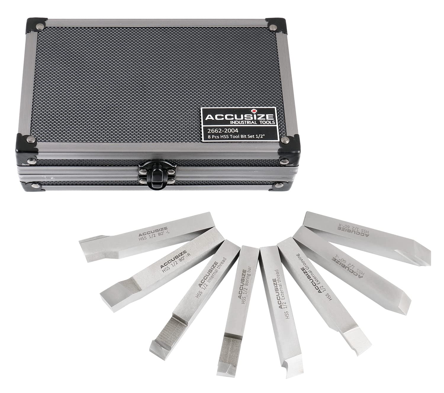 Accusize Industrial Tools 1/2'' 8 Pcs Hss Tool Bit Set, Pre-Ground for Turning and Facing Work, 2662-2004