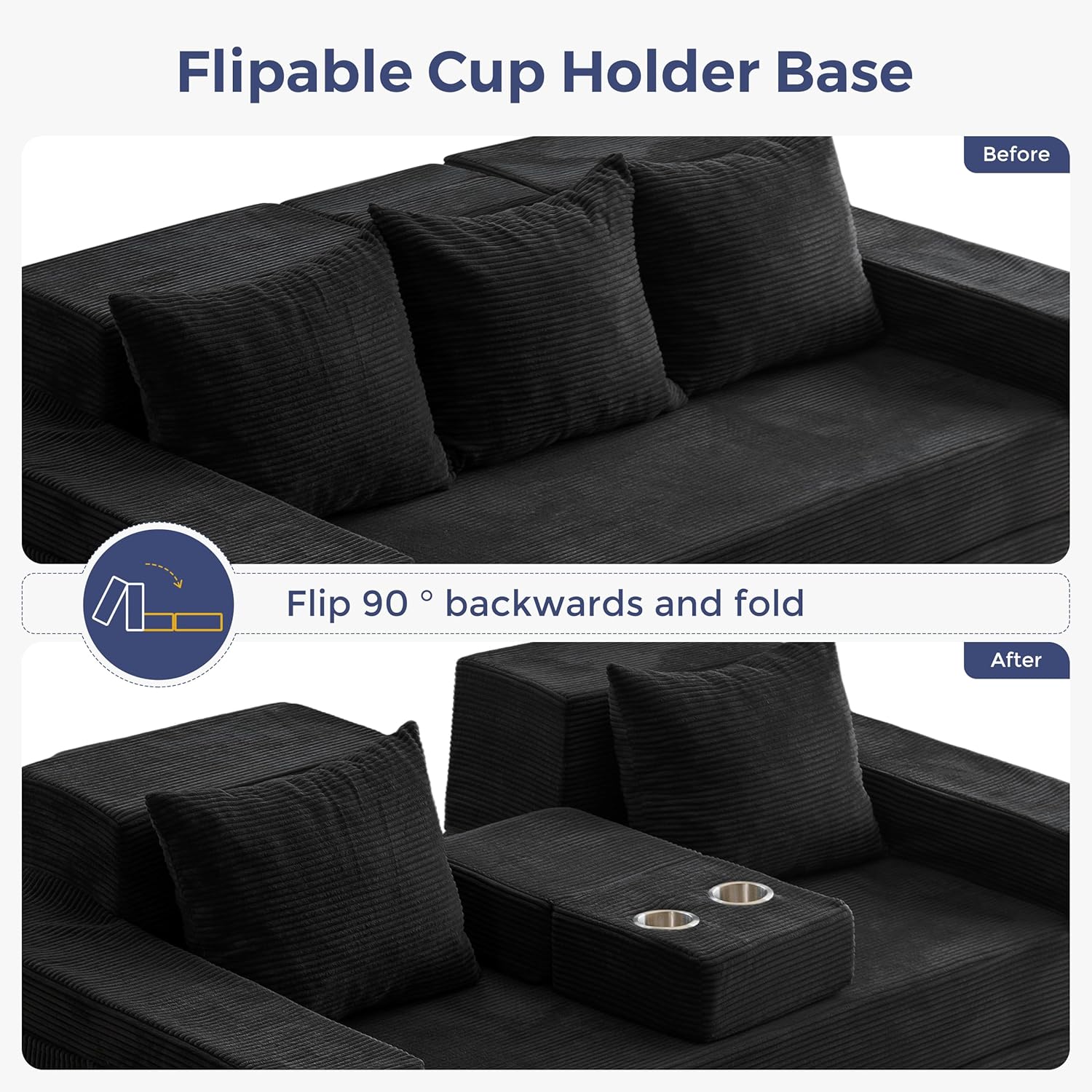 MAXYOYO Convertible Sofa Bed, 80" Oversized Boneless Loveseat Couch 4 in 1 Foldable Floor Sofa Couch in A Box with 2 Cup Holders, Folding Sleeper Chair for Living Room, No Assembly Required, Black