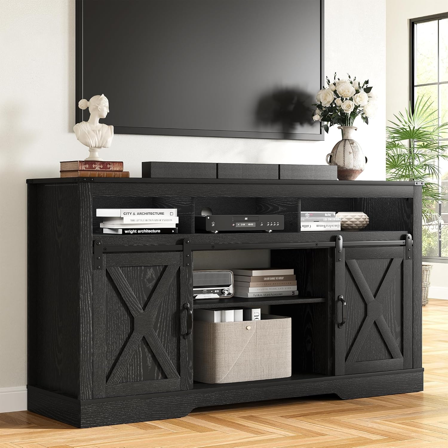 RoyalCraft Farmhouse TV Stand for 65+ Inch TV, Tall Entertainment Center with Storage Cabinets and Sliding Barn Doors, Mid Century Modern Media TV Console Table for Living Room (Black)