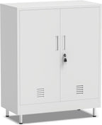 JINGUR Metal Storage Cabinet with Locking Doors and 2 Adjustable Shelves, Lockable Storage Cabinet for Home Office Garage Pantry Living Room (White)