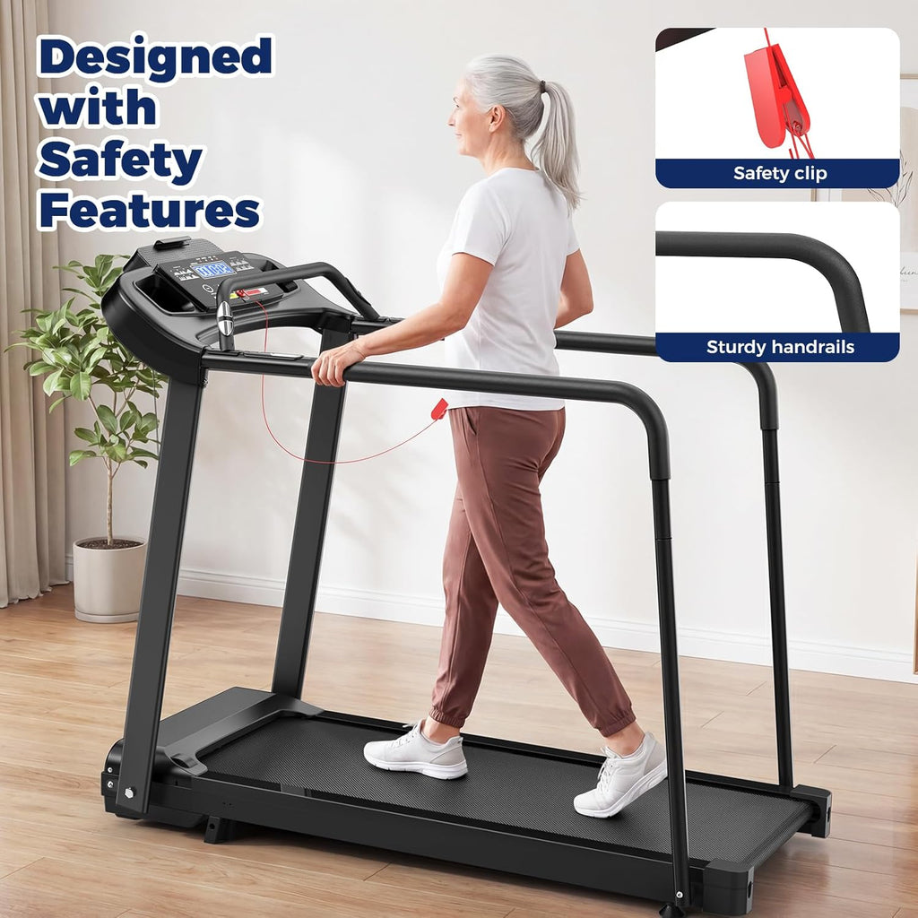 Treadmill for Senior at Home, Walking Jogging Running Pad Treadmill for Elderly, with Long Handrails, Heart Rate Monitor, Wide Running Belt, 2.5 HP, 300 LBS Capacity, PAD Stand & Cup Holder