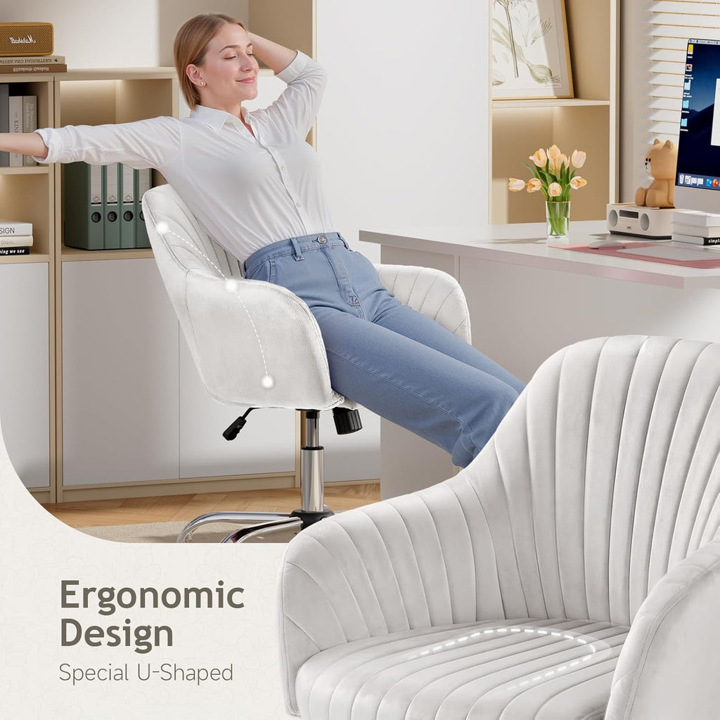 Warmiehomy Office Chair, Velvet Desk Chair for Home Office, Cozy Vanity Chair, Girl Cute Makeup Chair with Arm Rest for Bedroom Dressing Room (Cloud White)