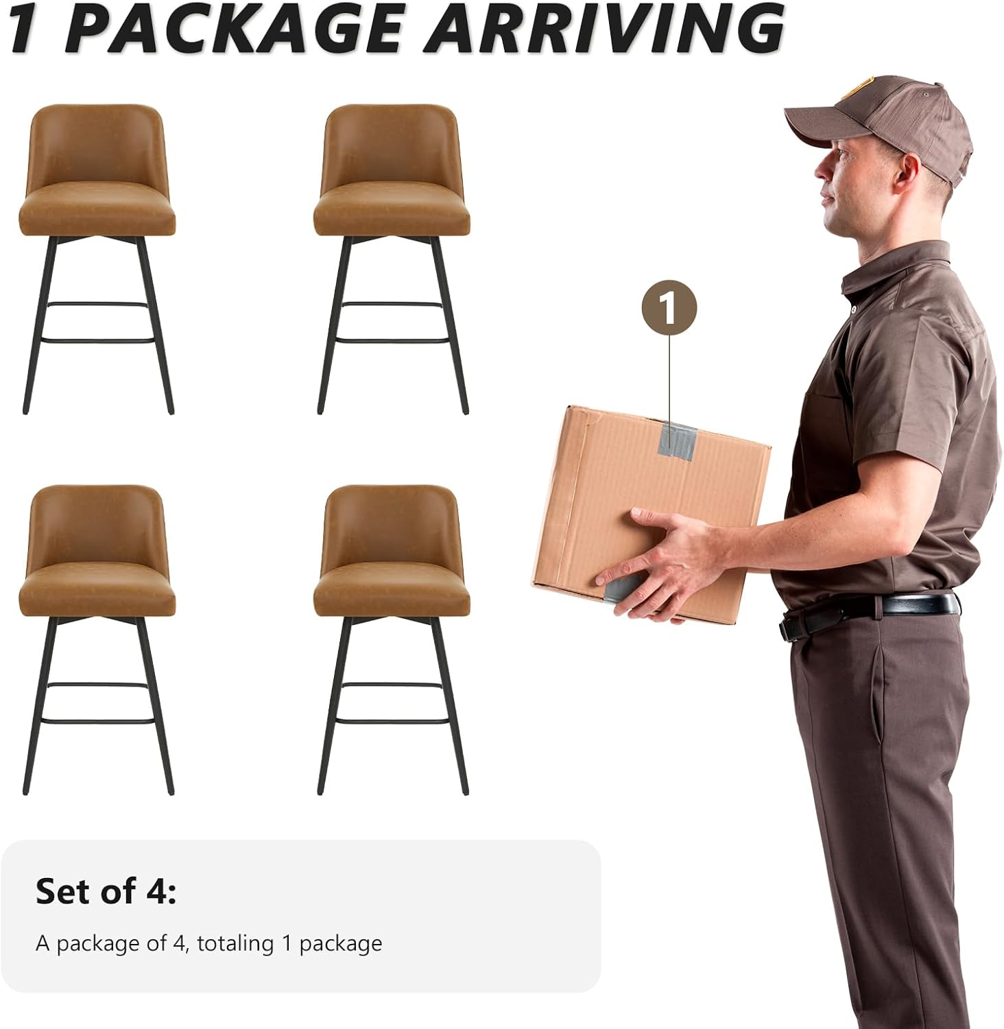 Counter Height Bar Stools Set of 4,360° Swivel Faux Leather Barstools with High Back 26" H Seat Height (Faux Leather-Saddle Brown, 4 Pieces - 26" Counter Height)
