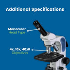 Accu-Scope Compound Microscope EXM-150 - Monocular Head  40-400X Magnification  Disc Diaphragm  Cordless LED Illumination - Student Proof Biological Microscope for School Laboratory & Home