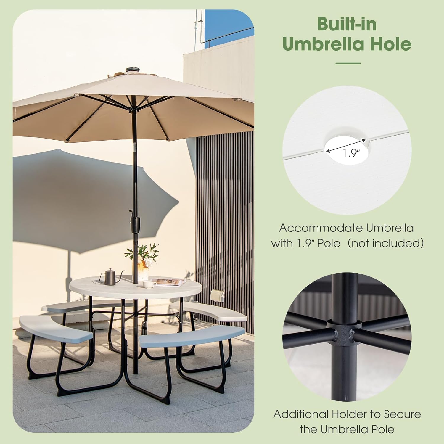 Giantex Picnic Table Set for Up to 8 Persons  Round Outdoor Table and Bench Set with Umbrella Hole  HDPE Top & Metal Frame  2000LBS Capacity  Patio Table Bench for Deck Backyard Garden (White)