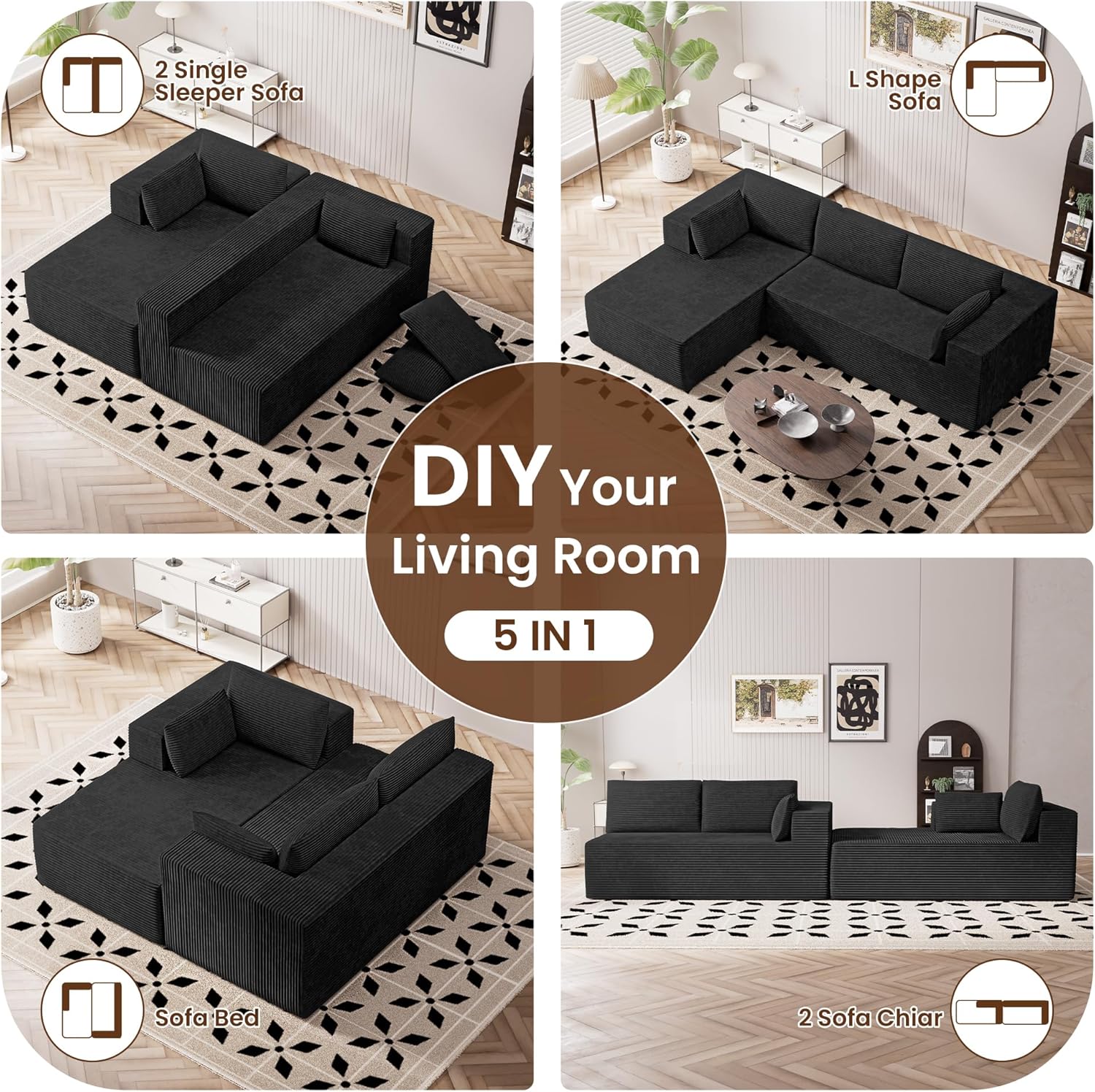 106" Cloud Sectional Boneless Couches for Living Room, Modular L Shaped Couch with Deep Seat Oversized Left Facing Chaise, Memory Foam Compressed Spineless 3 Seater Sofa for Bedroom Apartment, Black
