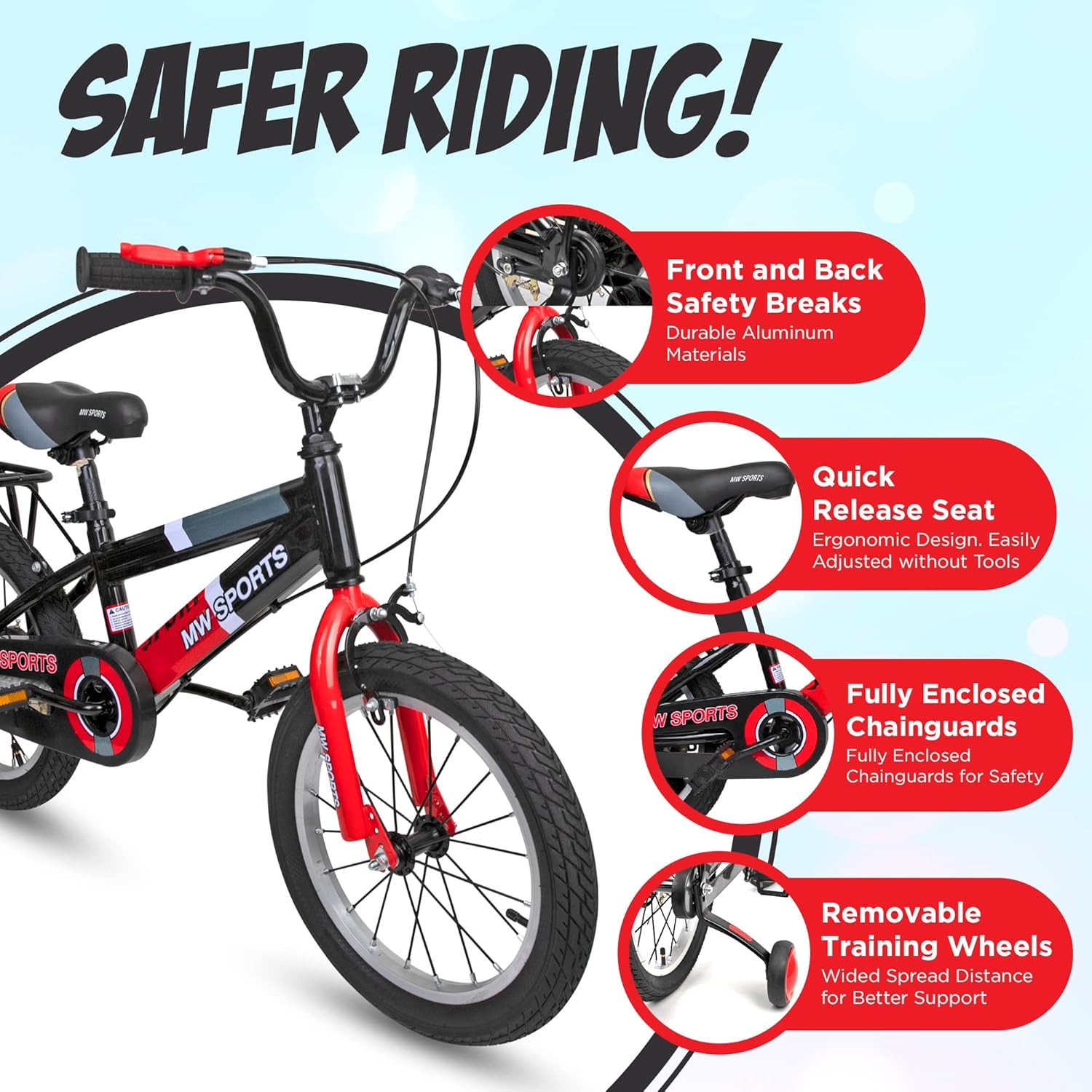 MW Sports 16 inch Kids Bike with Removable Training Wheels, Hand Brakes and Back Relay Rack for Ages 4-6 Years.