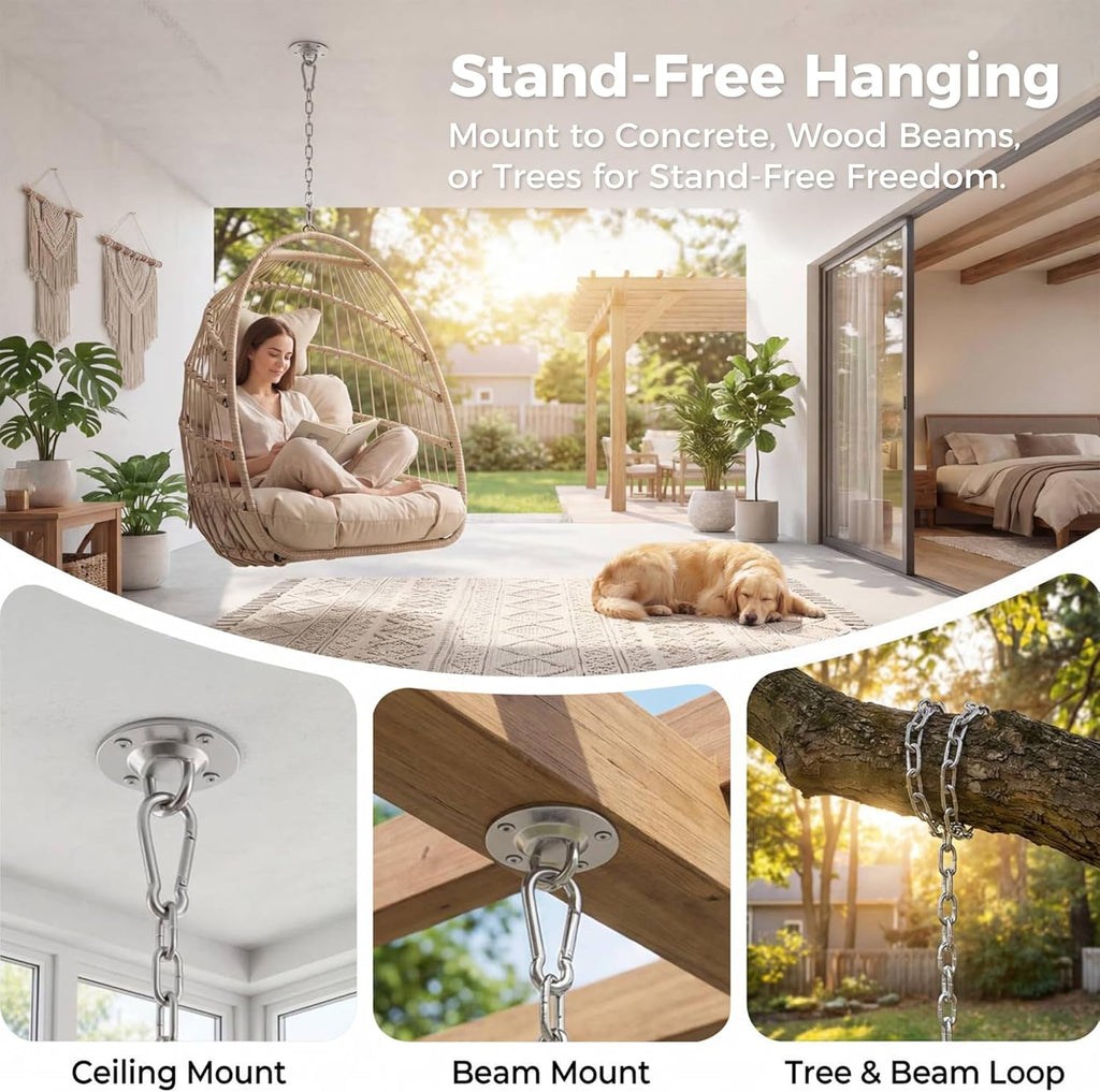 NICESOUL Egg Chair Without Stand Indoor Outdoor, Comfy Patio Wicker Hanging Chair with Cushion, 350lbs Swing Hammock Egg Basket Chairs, All Weather Ceiling/Tree Chairs for Balcony, Beige No Stand