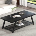 FOLUBAN Black Coffee Table with Storage, Modern Rustic Wood and Metal Coffee Tables for Living Room, 2-Tier Industrial Rectangle Cocktail Tea Table, 47 Inch
