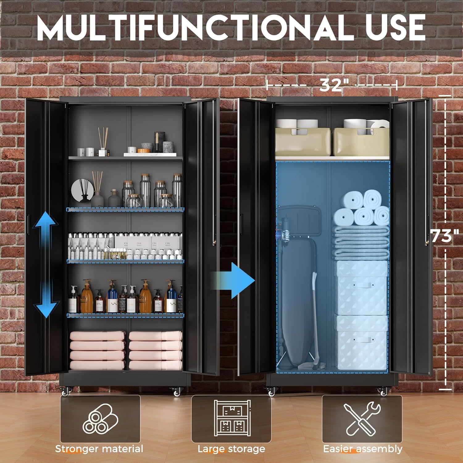 Greenvelly 73" Metal Storage Cabinet with Wheels, Black Garage Storage Cabinet with 4 Adjustable Shelves and Locking Doors, Garage Rolling Storage Cabinet for Warehouse, Garage, Home Office, School
