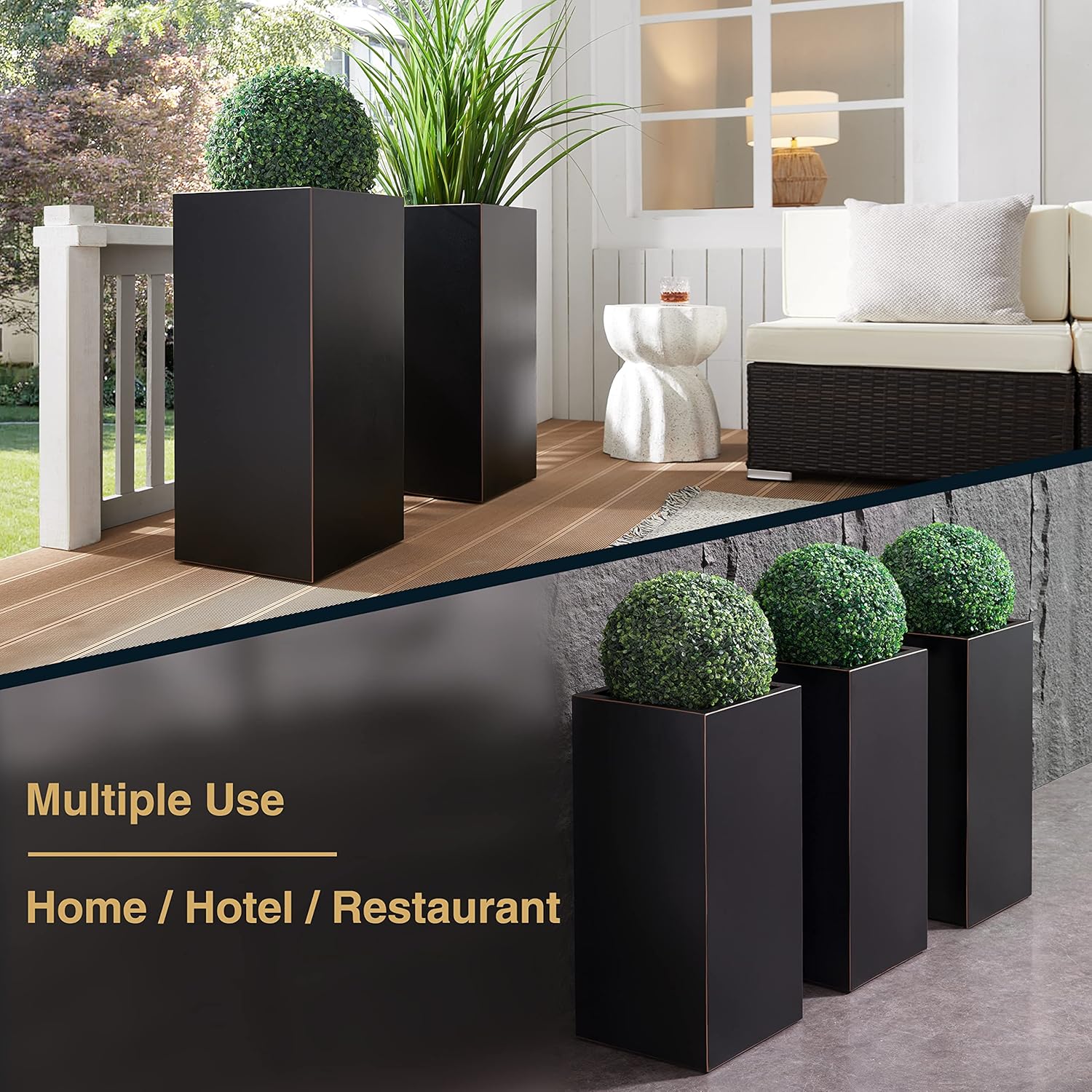 Wallowa Metallic Heavy Planter for Outdoor Plants  14Lx14Wx30H Inches  Tall Metal Planter Box with Hand Brushed Gold Edge for Outside & Indoor  25 Pounds  No Assembly and Seamless  Set of 2 (Black)