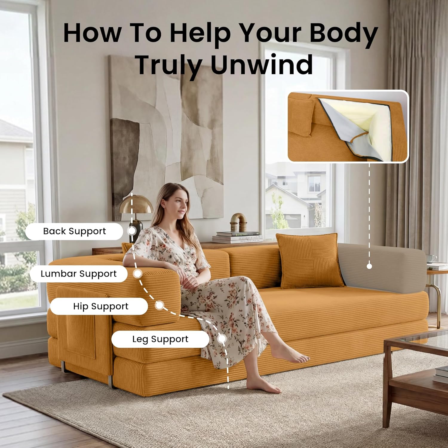 Belhome 78.8" Convertible Sofa Bed, Futon Sofa Bed with Side Pocket, Corduroy Pull Out Futon Sofa, Boneless Couch for Living Rooms,No Assembly Required, Yellow