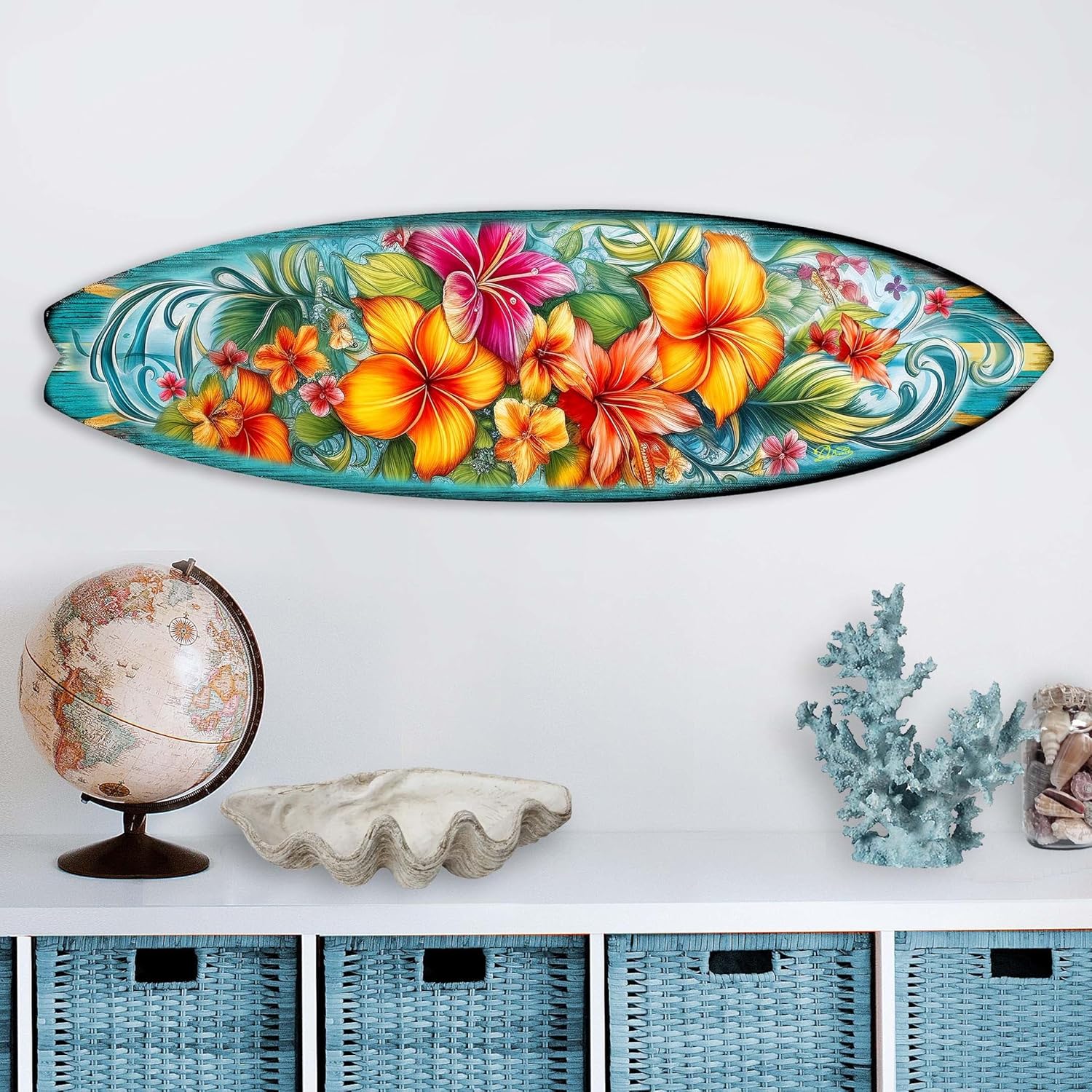 48-inch Hawaiian Flowers Surfboard Wall Art, Handcrafted Coastal Holiday Décor by G. Debrekht