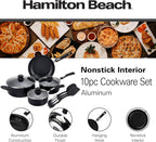 Hamilton Beach Aluminum Covered Cookware Set, Nonstick Saucepan Frypan, Dutch Oven with Soft Touch Bakelite Handle, | Spiral Bottom- Multipurpose Use | Durable & Dishwasher Safe |10pc, Black |