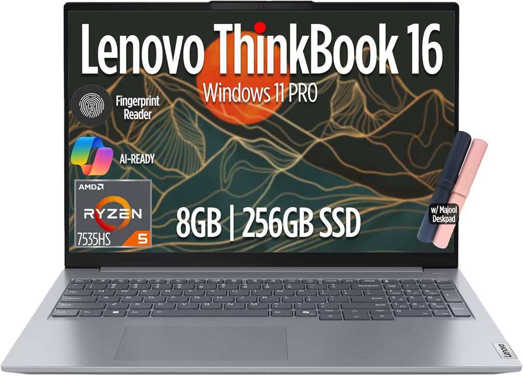 Lenovo ThinkBook 16 Gen 7 Business Laptop  16" FHD+ Display  AMD Ryzen 5 7535HS (> i7-1355U)  8GB DDR5 RAM  256GB SSD  KB Backlit  Webcam  Ethernet  Wi-Fi 6  Windows 11 Pro w/Copilot  MAJ DESKPAD
