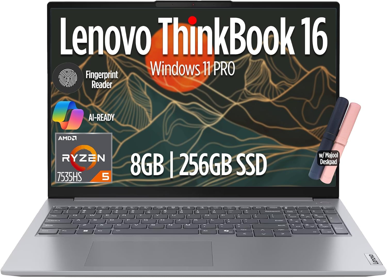 Lenovo ThinkBook 16 Gen 7 Business Laptop  16" FHD+ Display  AMD Ryzen 5 7535HS (> i7-1355U)  8GB DDR5 RAM  256GB SSD  KB Backlit  Webcam  Ethernet  Wi-Fi 6  Windows 11 Pro w/Copilot  MAJ DESKPAD